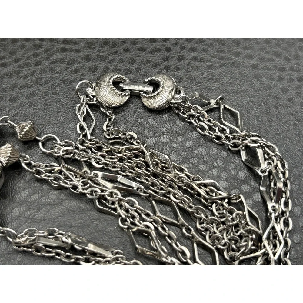 Vintage Silver Tone Tassel Fringe Pendant Necklace Multi Strand Beaded Chain 22
